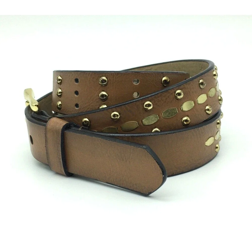 Womens Brown Faux Leather Belt Size S Med Gold Tone Buckle